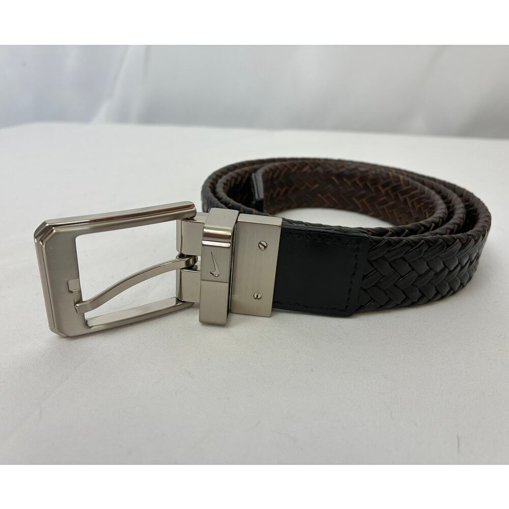 Nike Woven Braided Leather Belt Reversible 36 Brown Black Silver Tone Classic
